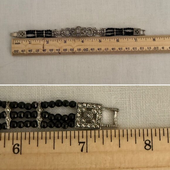 Art Deco Style Beaded Bracelet 7.5in Silver Tone Black Beads Retro Style - Picture 14 of 15